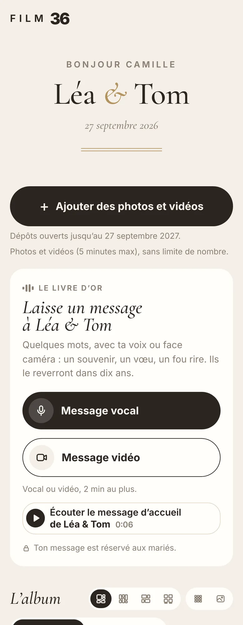 La carte du livre d'or sur la page d'un invité : « Laisse un message à Léa & Tom », avec les boutons Message vocal et Message vidéo