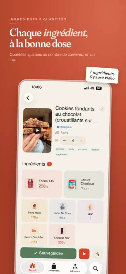 Fiche recette Marmite affichant les sept ingrédients de cookies au chocolat avec leurs quantités