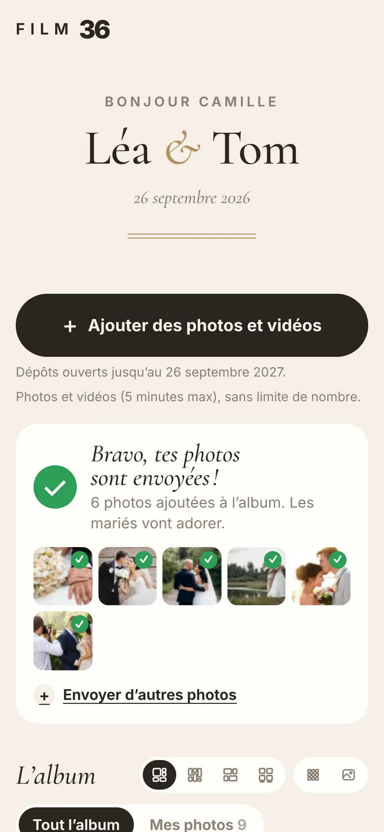 L'écran « Bravo, tes photos sont envoyées ! » avec les miniatures déposées et la galerie de l'album en dessous
