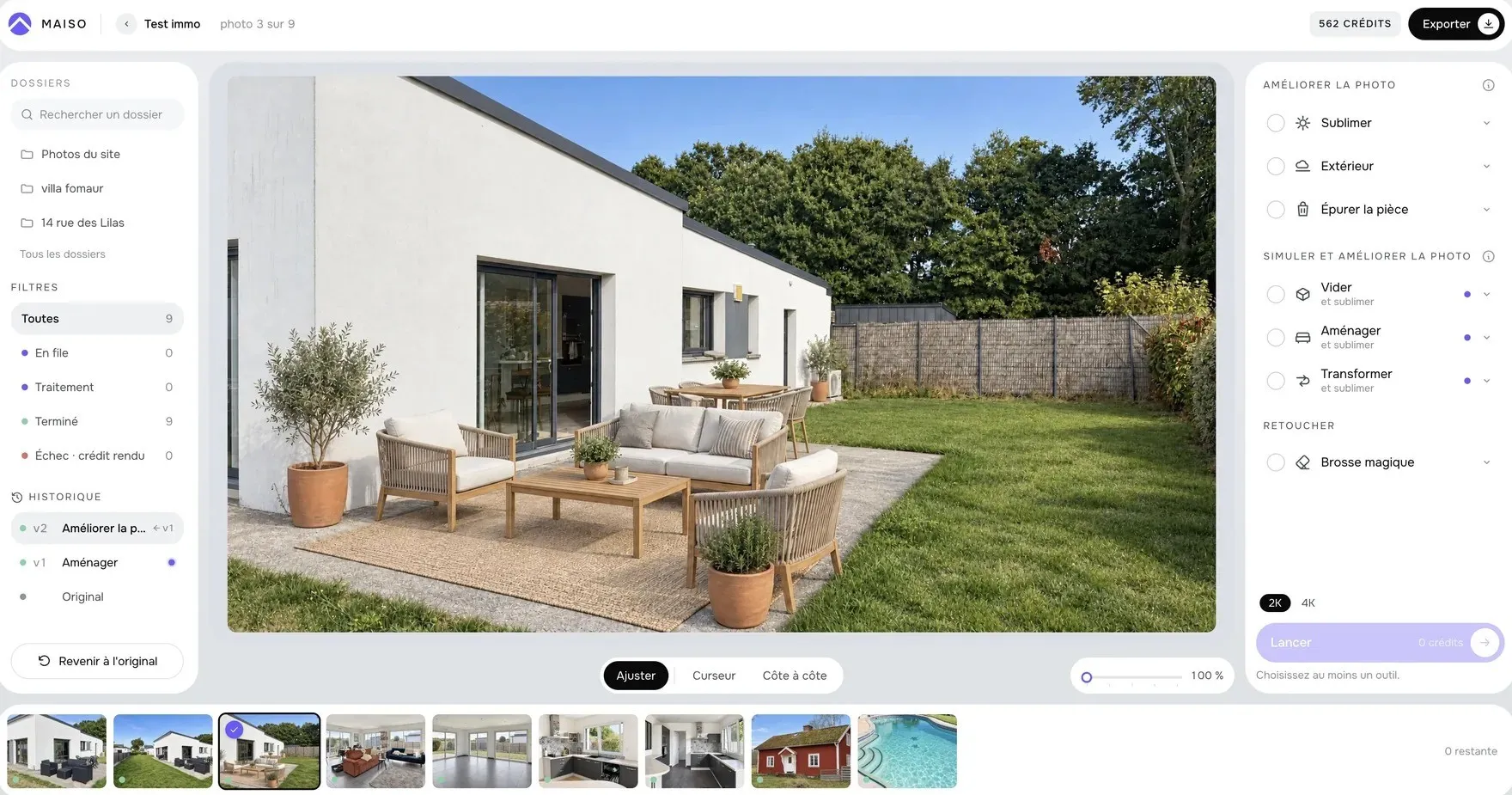 L'atelier de Maiso : la photo d'une terrasse meublée au centre, les dossiers et l'historique des versions à gauche, les outils Sublimer, Extérieur, Épurer, Vider, Aménager, Transformer et Brosse magique à droite