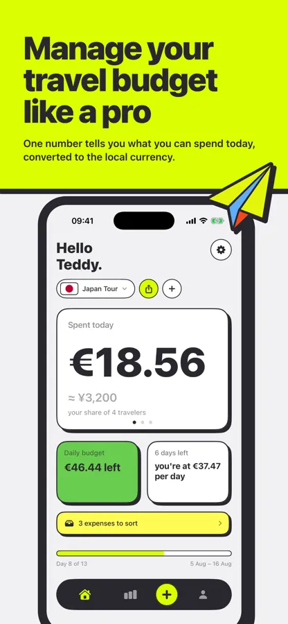 Waycash home screen showing 18.56 euros spent today and the daily budget still available