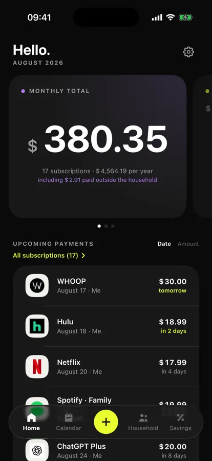 Noria home screen showing the household monthly total across 17 subscriptions and the dated upcoming charges