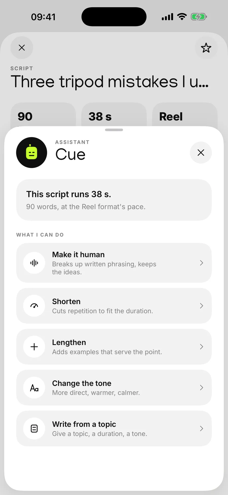 The Cue assistant offering to make it human, shorten, lengthen, change the tone or write from a topic, on a 98 word script running 41 seconds