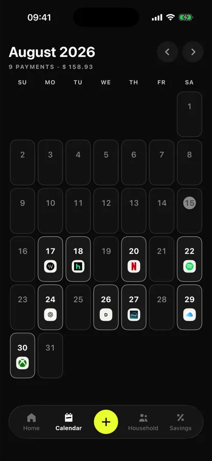 Monthly calendar with every charge placed on its date, each with the service logo
