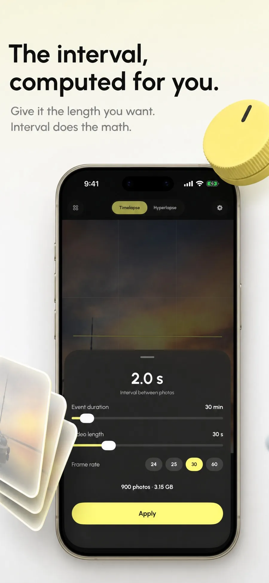 The Interval Pro interval calculator set to 2 seconds, 30 minutes of event, 30 seconds of video, giving 900 photos and 3.15 gigabytes