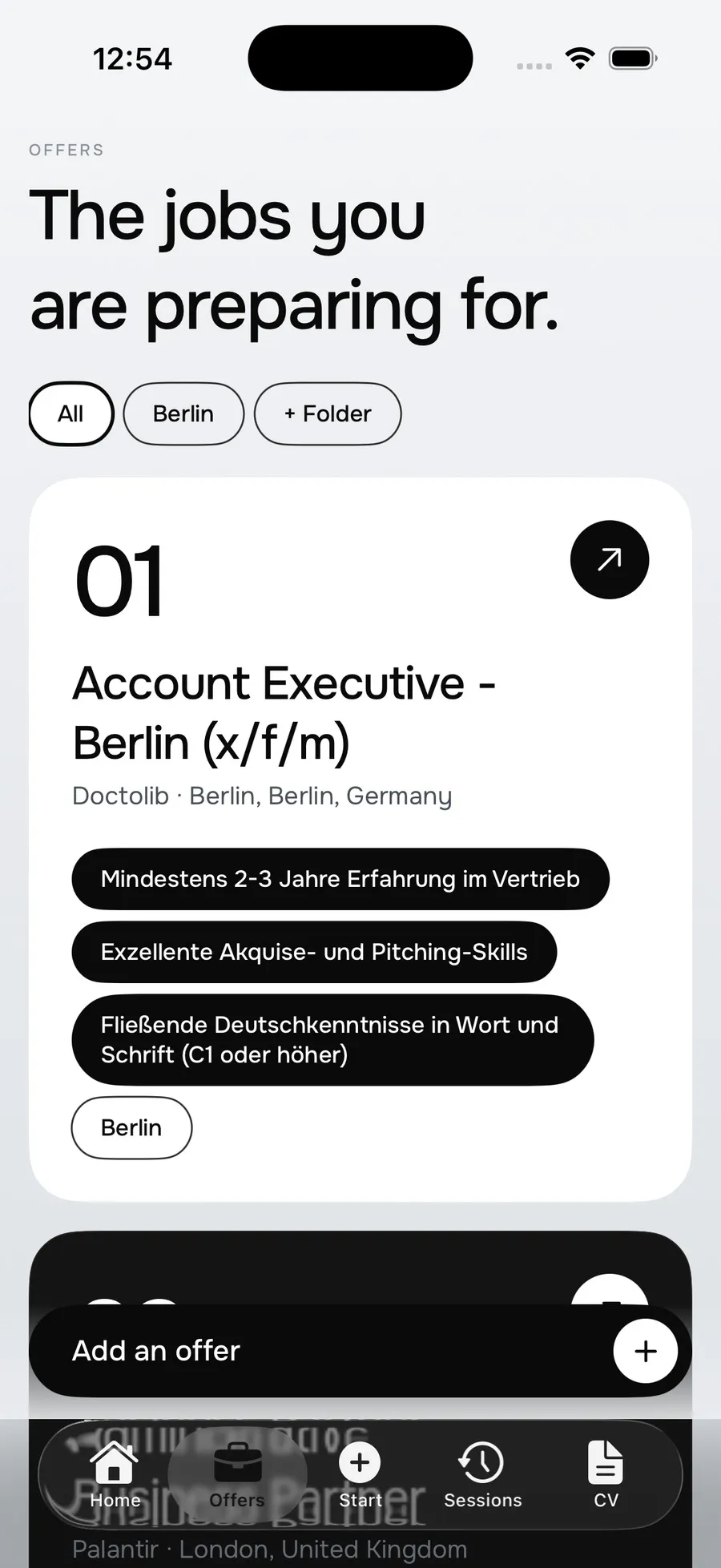The list of jobs being prepared in Nelo, the first an Account Executive role in Berlin at Doctolib with the three main requirements pulled out of the posting