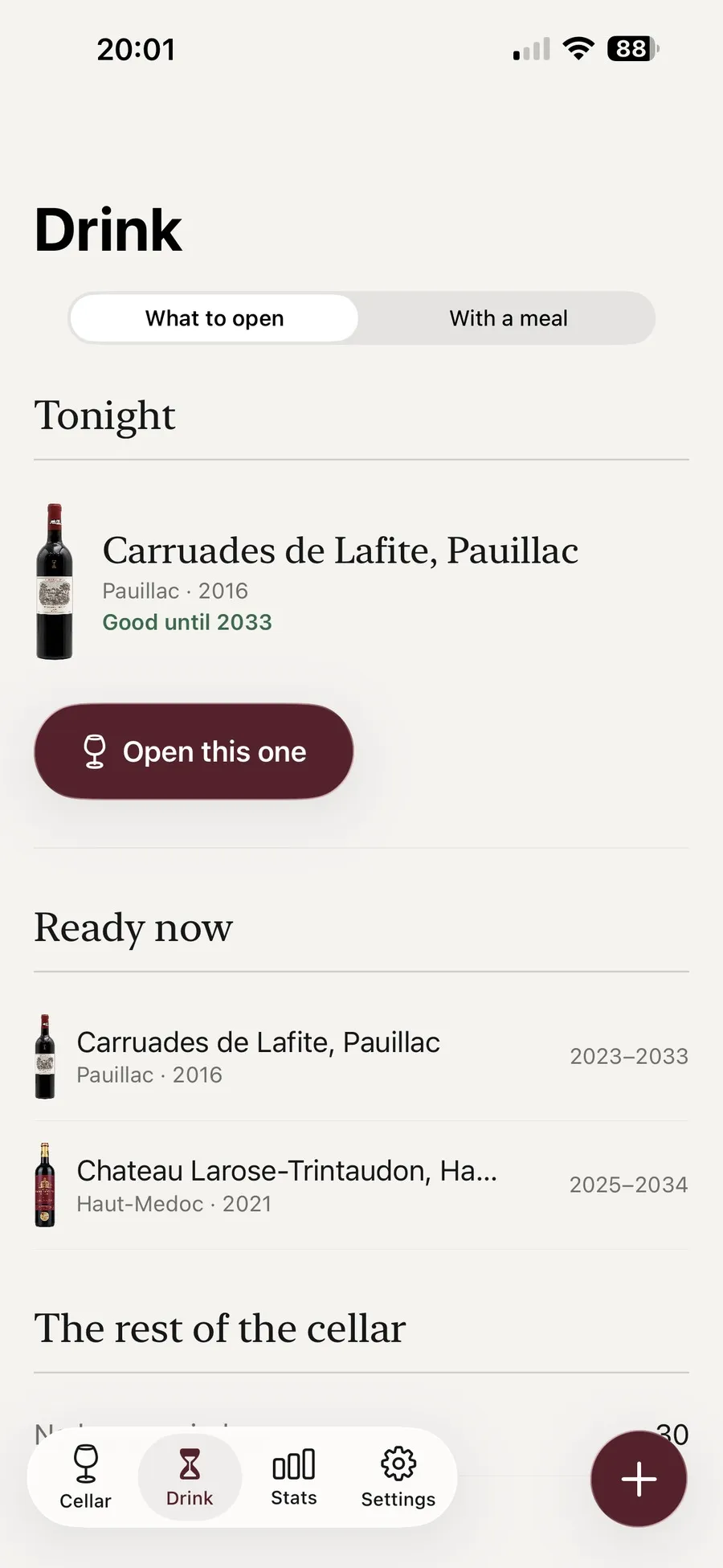 The Drink tab in Kav suggesting one bottle for tonight, good until 2033, then the list of wines ready now with their drinking windows