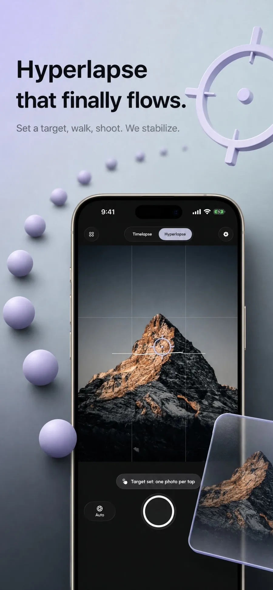 Interval Pro hyperlapse mode on an alpine summit, with the anchor point placed at the centre of the frame and the target set message