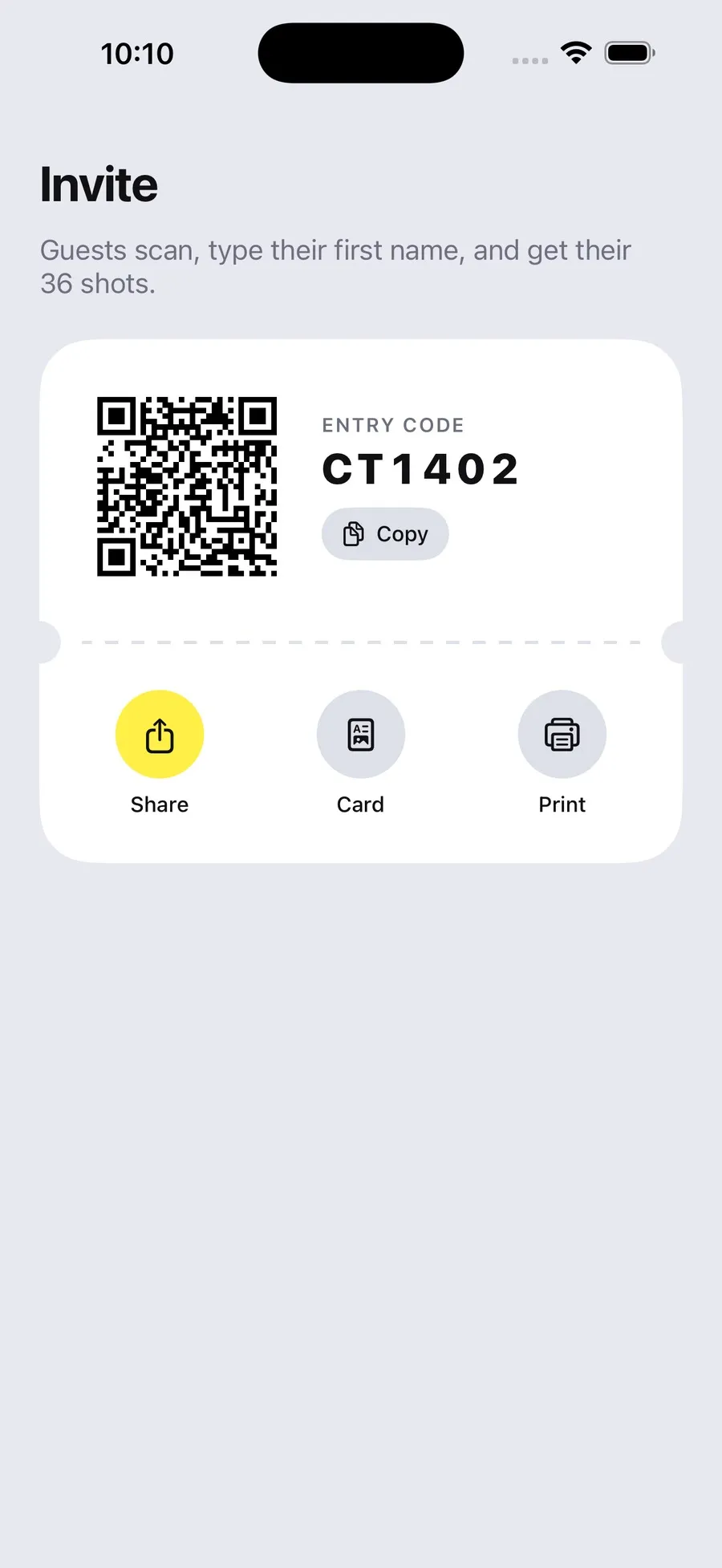 The Film 36 invite ticket showing a QR code beside the entry code CT1402, with share, card and print actions on a perforated white card