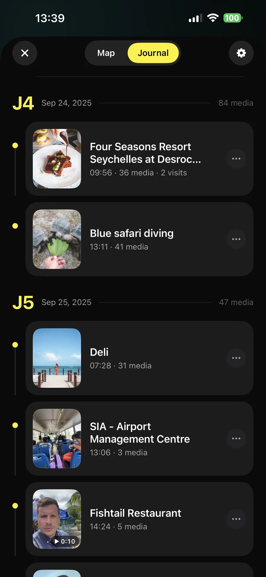 A trip journal in Soñj, days four and five with the places visited, their time, their media count and their photo