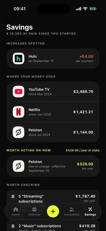 Noria savings screen showing the total paid since the beginning, the price rises spotted and the subscriptions you can cancel