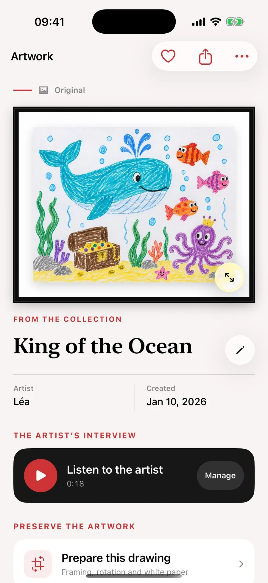 The artwork sheet in Minot for King of the Oceans, with the artist, the creation date and an eighteen-second recording titled the artist's interview