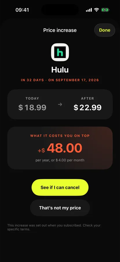 Price increase alert showing the old and new amount, the date, and the extra cost over a full year