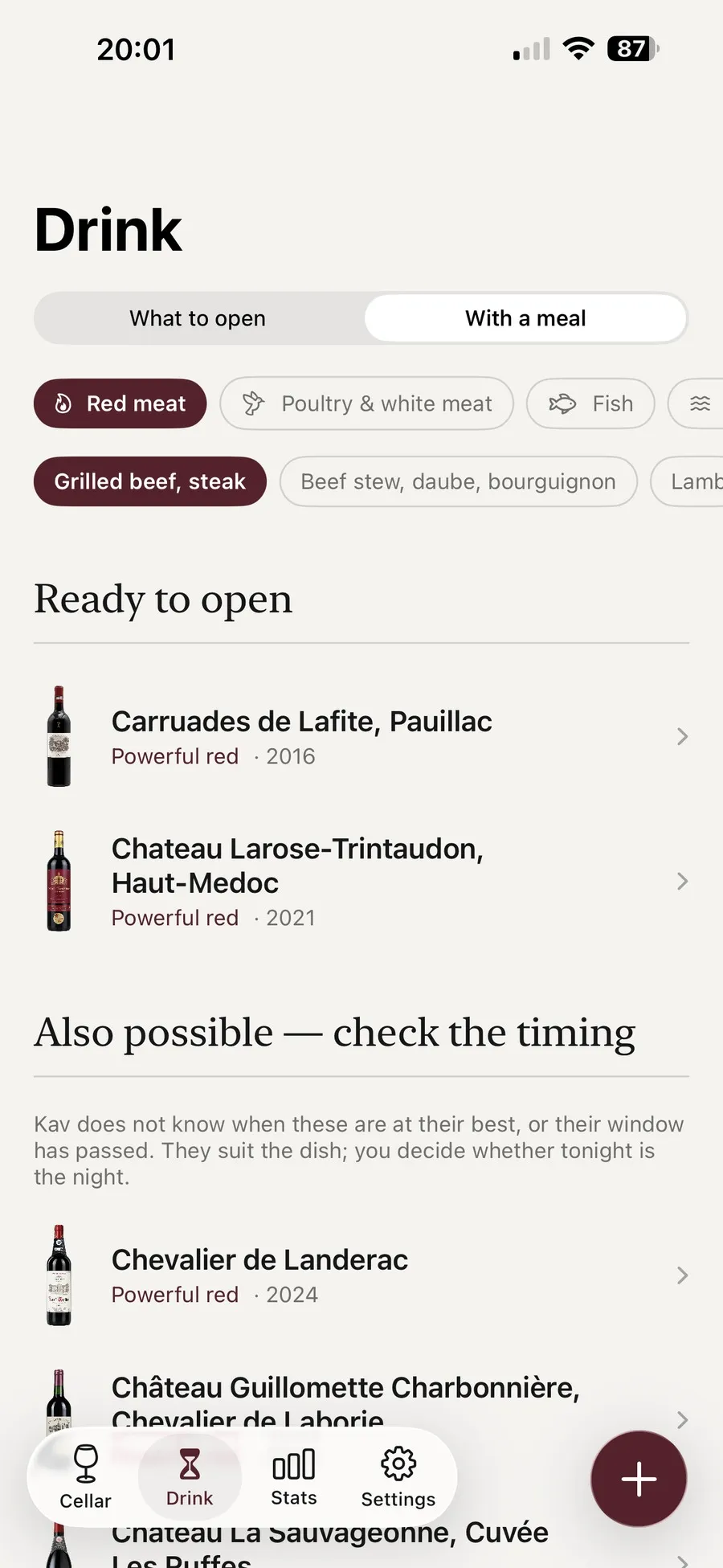 Food pairing in Kav for grilled beef, with the bottles ready to open first and those whose peak is unknown listed separately below