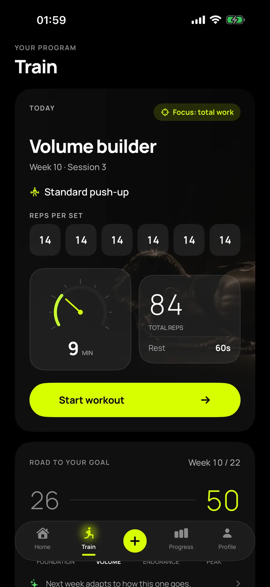 Reptor training plan at week 10 of 22, four sets of 25 reps, nine minutes, 90 seconds of rest and the road from 26 to 50