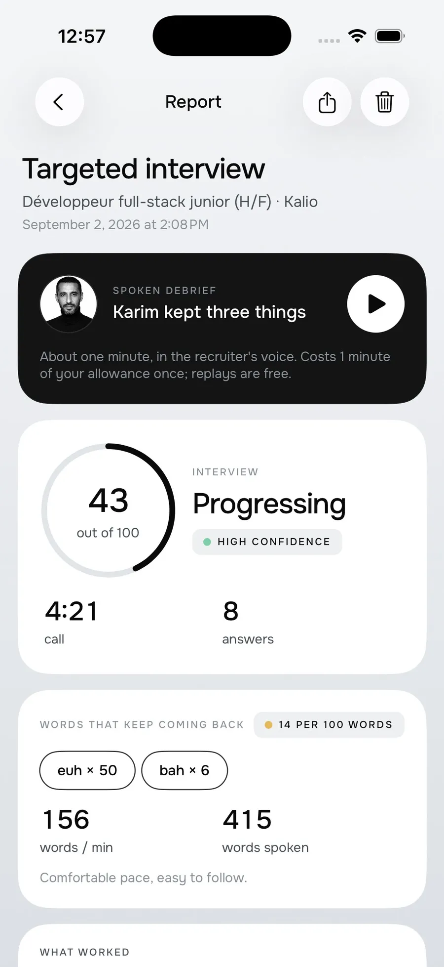 A session report in Nelo, scoring 43 out of 100 at high confidence, with pace at 156 words per minute, filler words counted and a spoken debrief to play