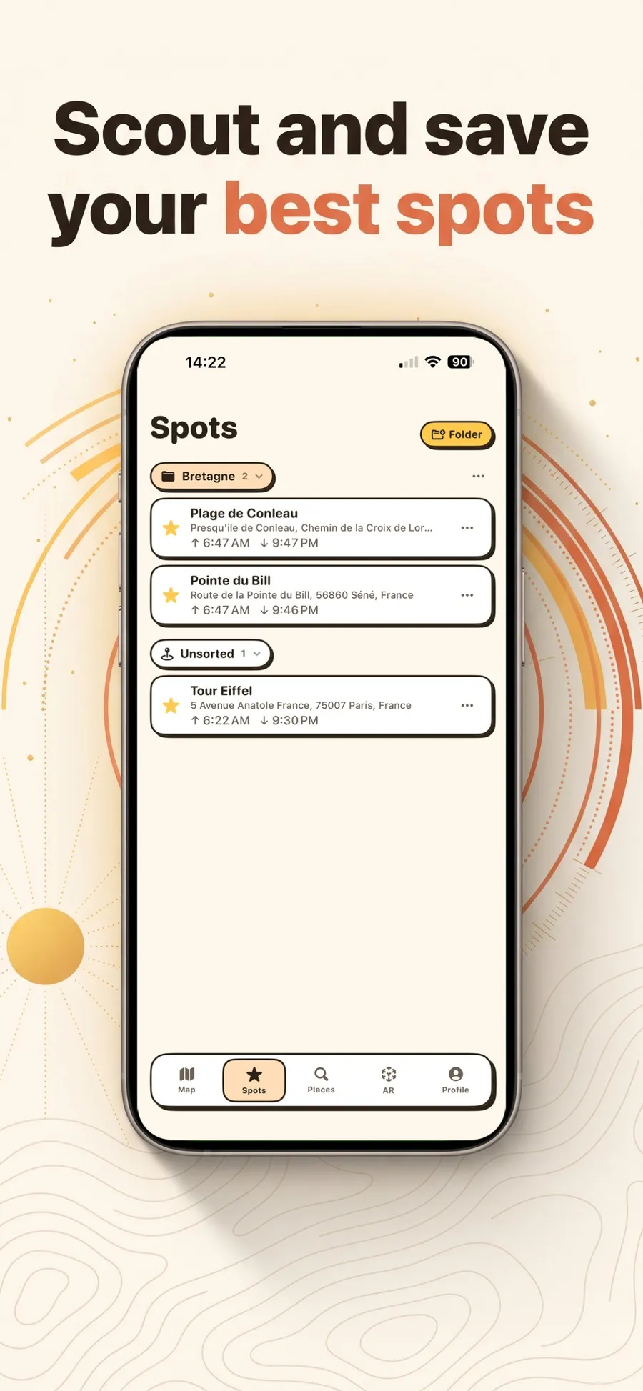 Saved spots in Suncam grouped in a Bretagne folder, each showing its own sunrise and sunset times in its own time zone