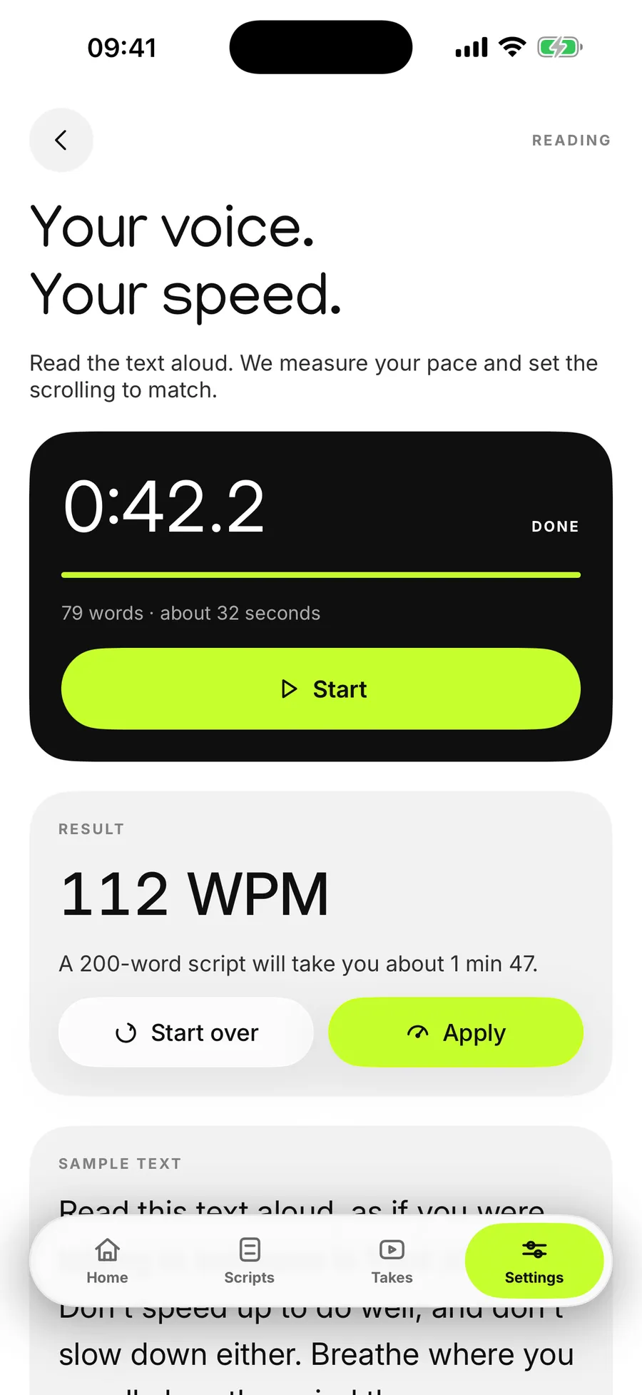 The Cue speed test measuring a rate of 123 words per minute after reading an 81 word reference passage aloud