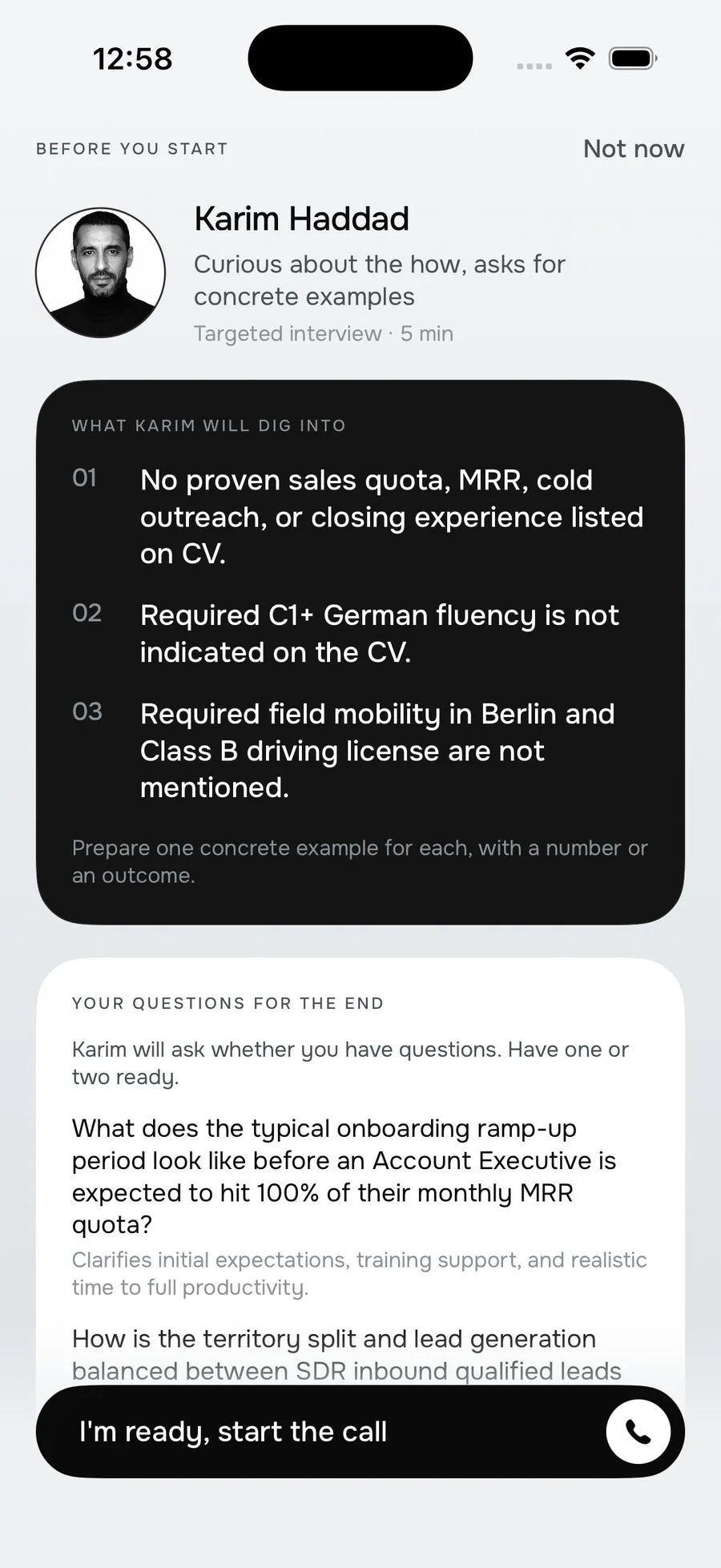 The Nelo preparation screen listing the three things the recruiter will dig into, including a career change and a seniority gap, plus questions to ask at the end