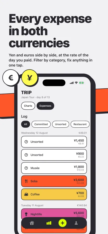 Waycash expense log showing every amount in both yen and euros