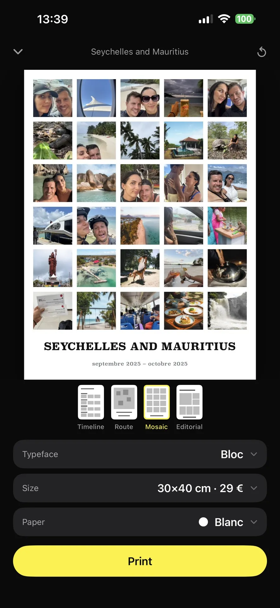 The Soñj poster editor in the mosaic template, thirty photos in a grid, the Bloc typeface, the 30 by 40 centimetre size at 29 euros and white paper