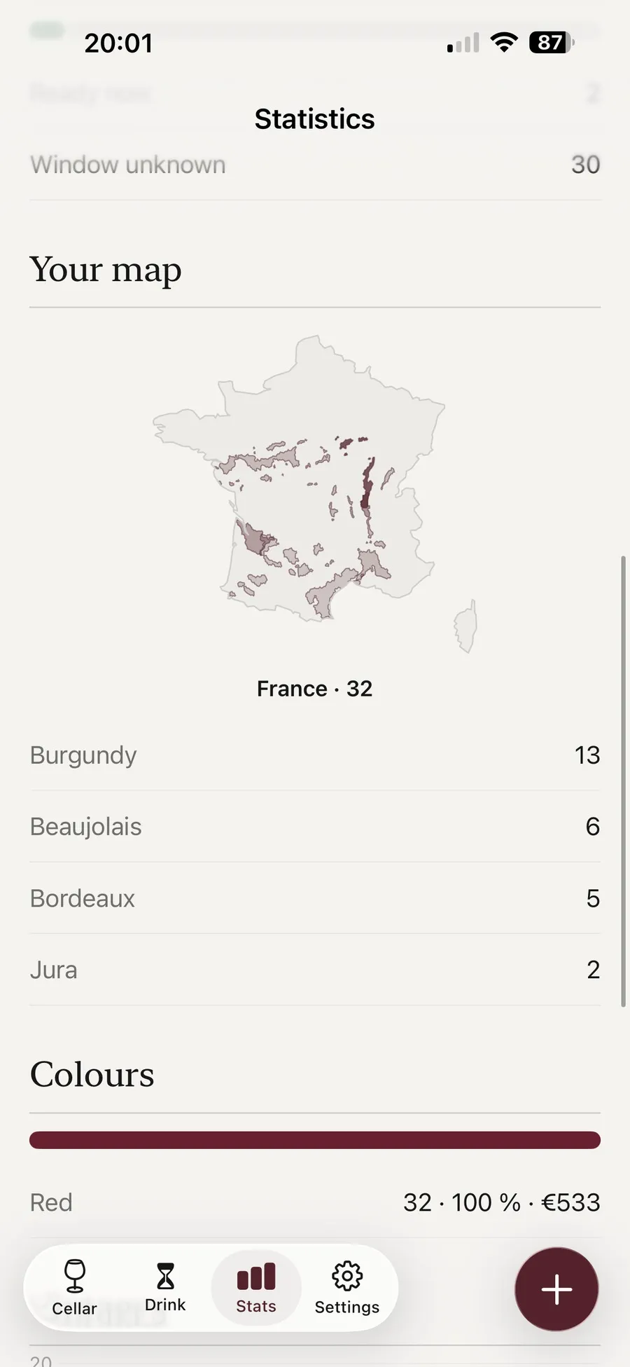 The region map in Kav, a France shaded in wine reds with the per-region breakdown, thirteen bottles from Burgundy and six from Beaujolais