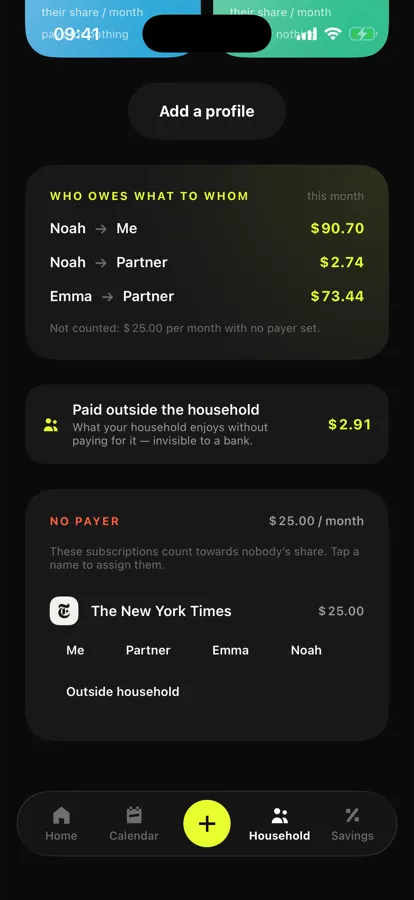Who owes what screen listing reimbursements between household members and the subscriptions with no payer
