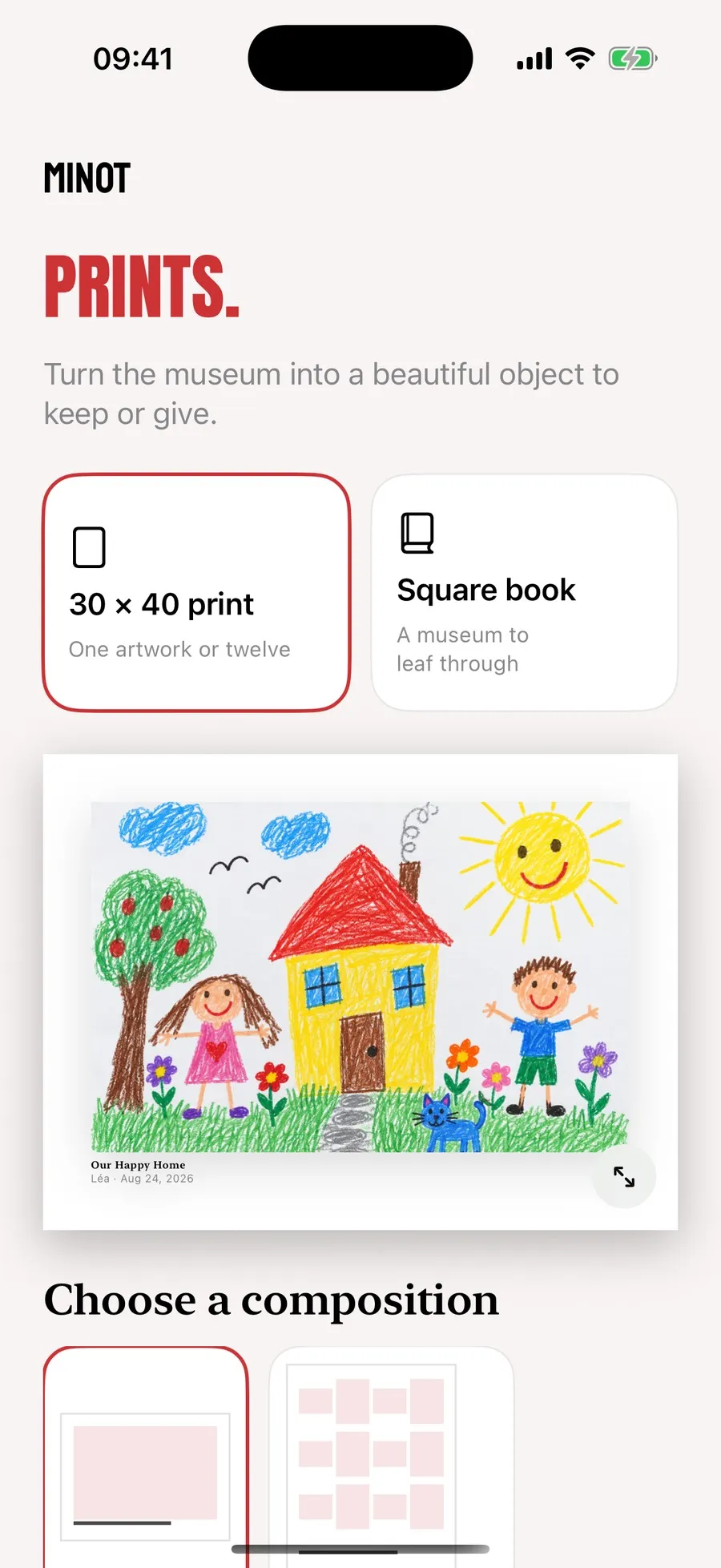 The Prints tab in Minot offering a 30 by 40 print and a square book, with a preview of a layout carrying the title, artist and date beneath the drawing