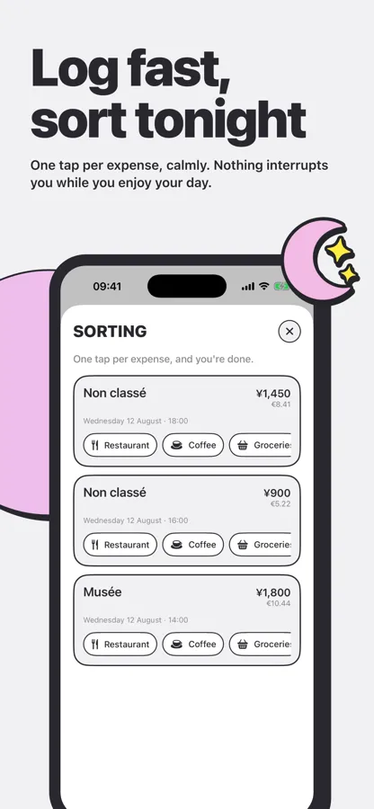 Evening sorting screen offering to categorise three unsorted expenses in one tap each