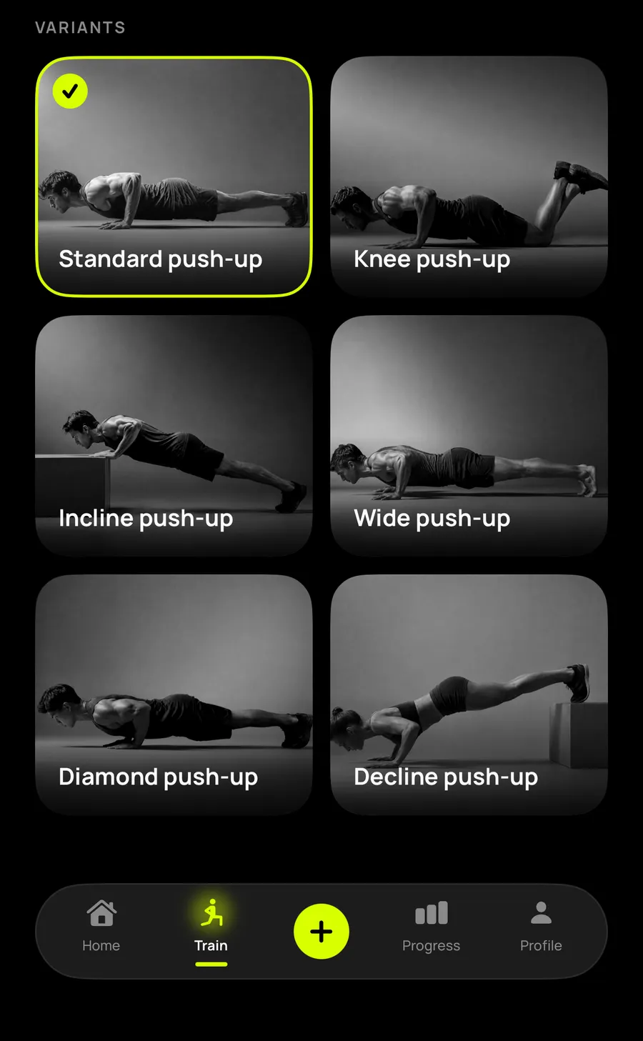 Grid of Reptor's six variations, standard push-up selected, knee, incline, wide, diamond and decline