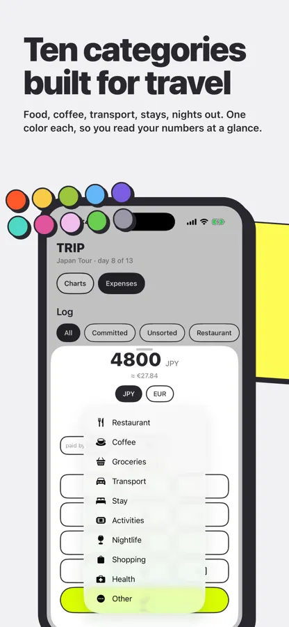 Waycash category picker with its ten travel categories, each in its own colour