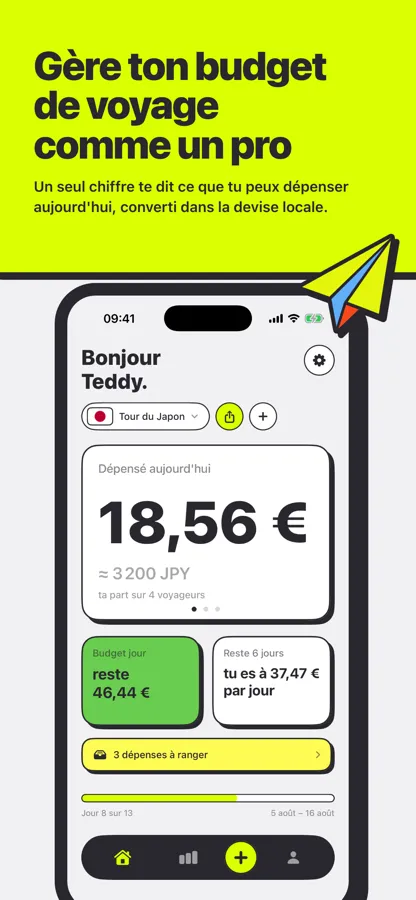 Écran d'accueil de Waycash affichant 18,56 € dépensés aujourd'hui et le budget du jour restant