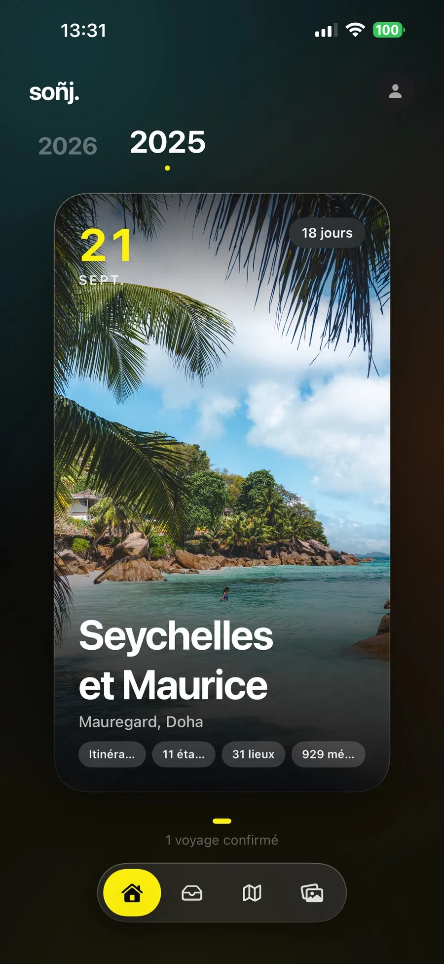 Écran d'accueil de Soñj affichant le voyage Seychelles et Maurice du 21 septembre, dix-huit jours, onze étapes, trente et un lieux et 929 médias