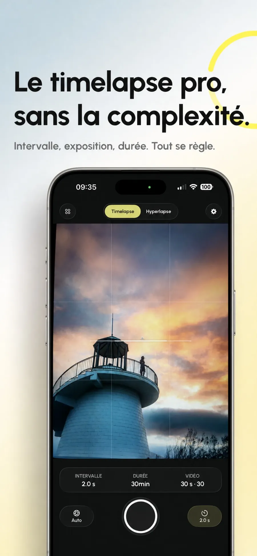 Écran de capture d'Interval Pro sur un phare au coucher du soleil, avec l'intervalle de 2 secondes, la durée de 30 minutes et la vidéo finale de 30 secondes