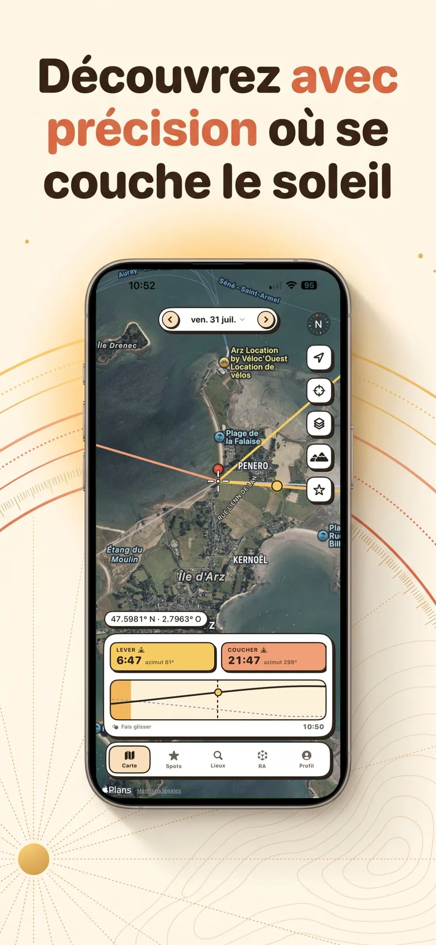 Carte de Suncam sur l'île d'Arz avec le trait doré du lever à l'azimut 61 degrés, le trait corail du coucher à l'azimut 298, et les horaires 6h47 et 21h47
