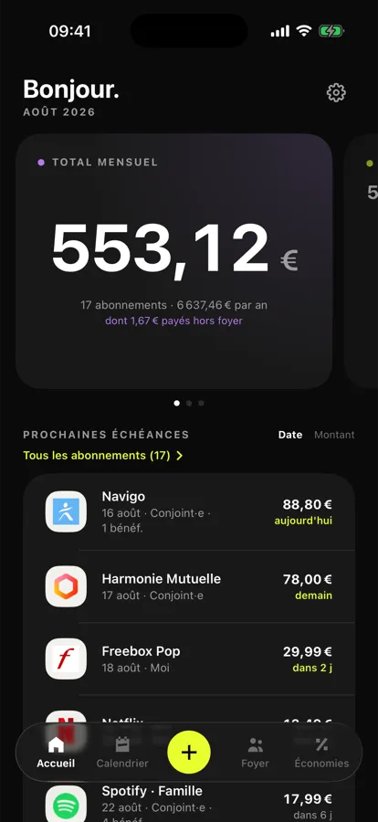 Écran d'accueil de Noria affichant 553,12 € par mois pour 17 abonnements et les prochaines échéances datées