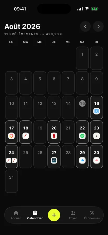 Calendrier du mois d'août avec chaque prélèvement posé sur sa date, logo du service à l'appui