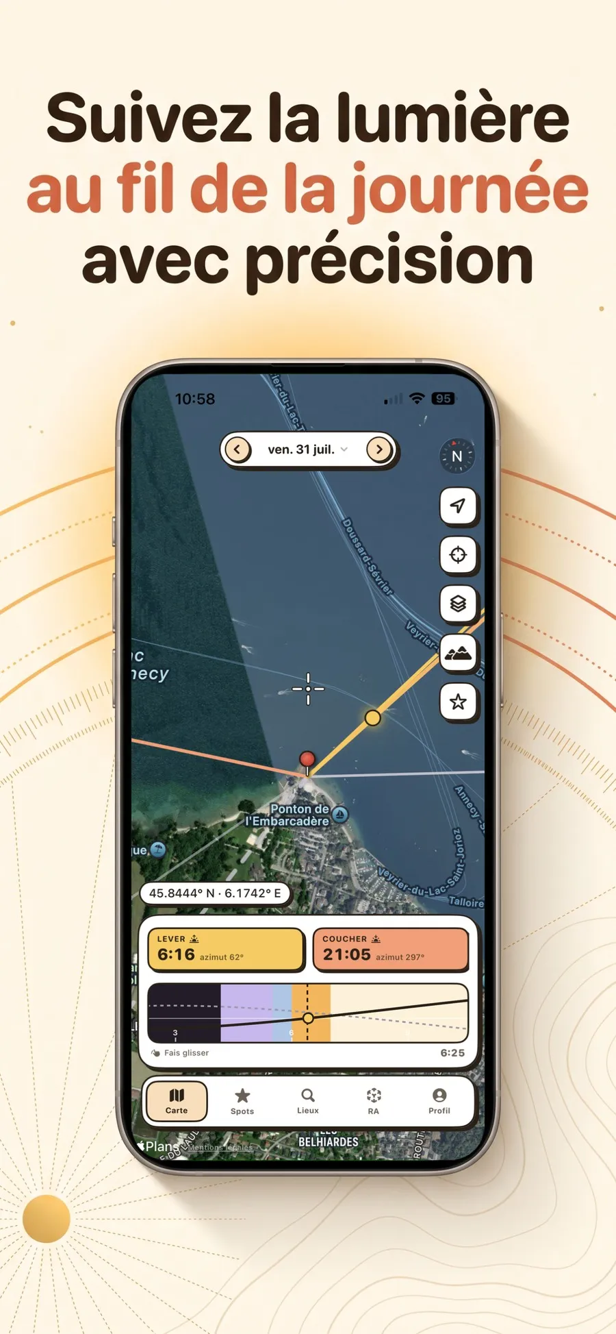 Carte de Suncam au lac d'Annecy avec la frise horaire en bas, les plages d'heure bleue et de golden hour colorées, et le soleil déplacé au doigt