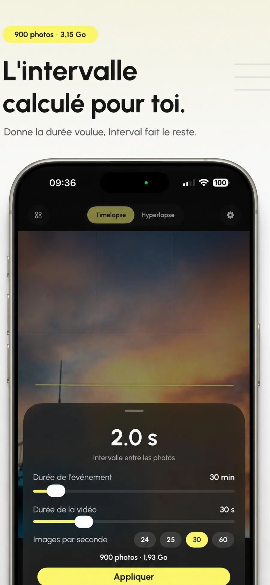 Calculateur d'intervalle d'Interval Pro réglé sur 2 secondes, 30 minutes d'événement, 30 secondes de vidéo, soit 900 photos et 1,93 gigaoctet