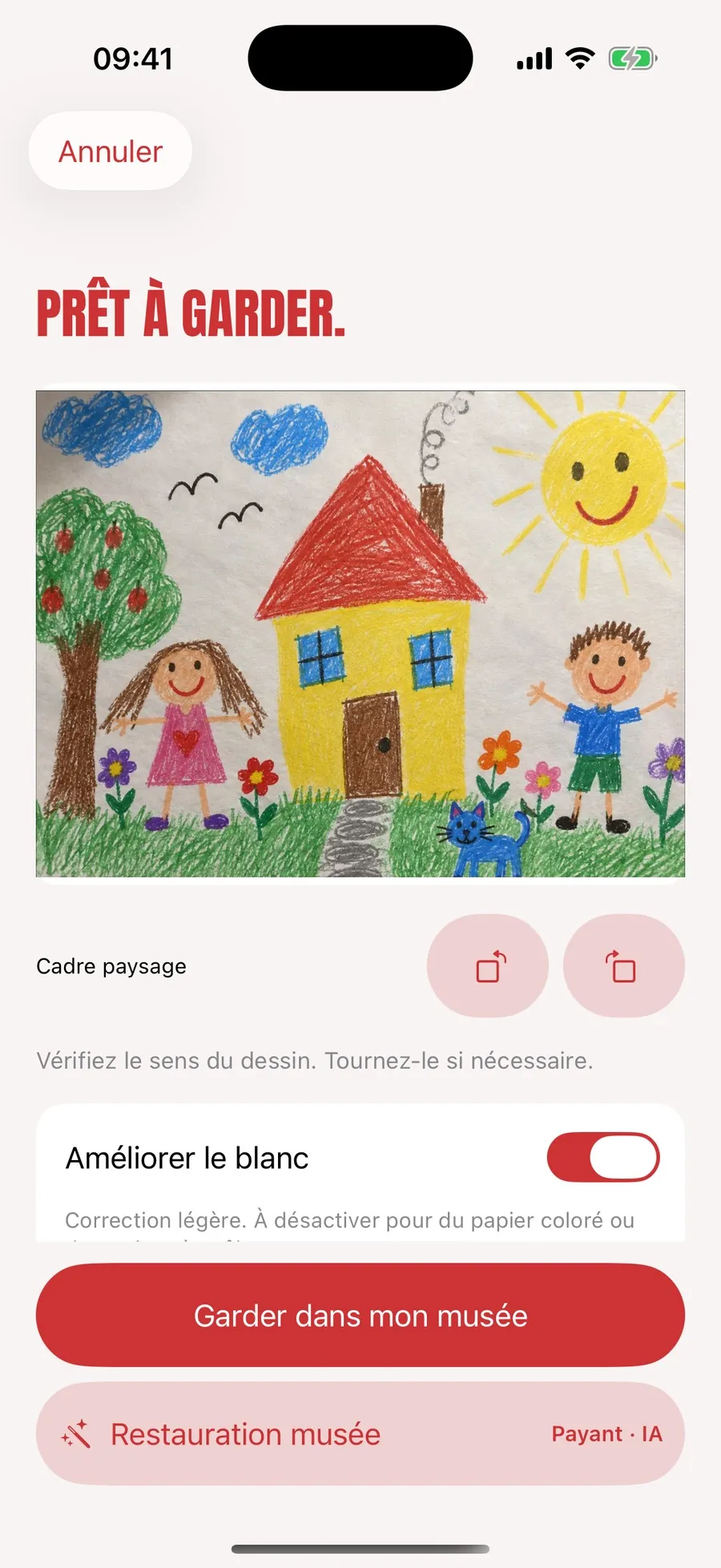 L'écran de préparation de Minot, le dessin redressé en cadre paysage, les boutons de rotation et l'option Améliorer le blanc, à désactiver pour du papier coloré