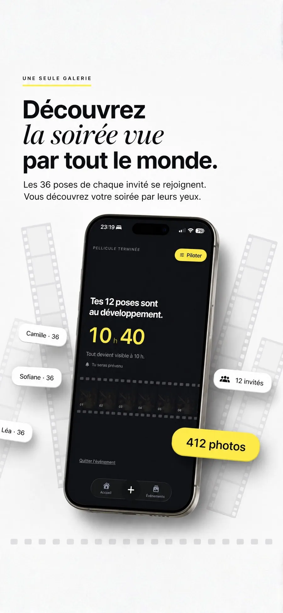 L'écran de développement de Film 36 sur fond nuit, annonçant douze poses au développement et un compte à rebours de dix heures quarante avant la révélation