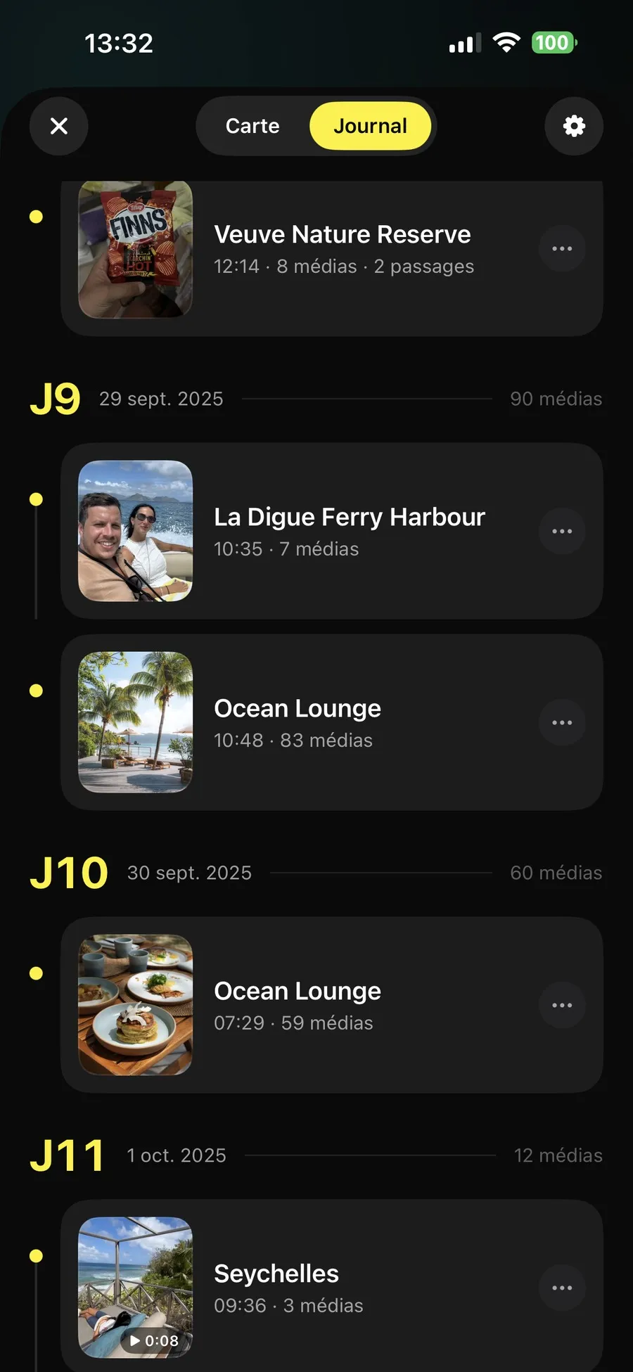 Journal d'un voyage dans Soñj, les jours neuf à onze avec les lieux traversés, leur heure, leur nombre de médias et leur photo