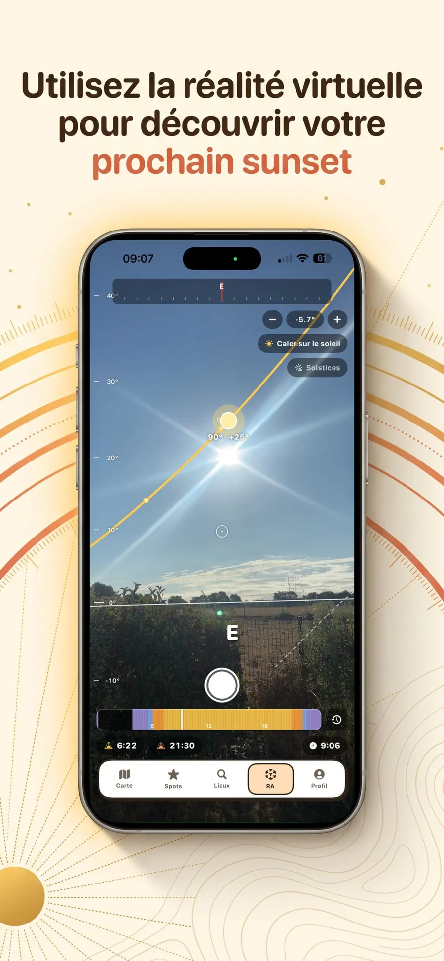 Vue en réalité augmentée de Suncam superposant la course du soleil au paysage réel, avec la règle d'élévation et le ruban de boussole