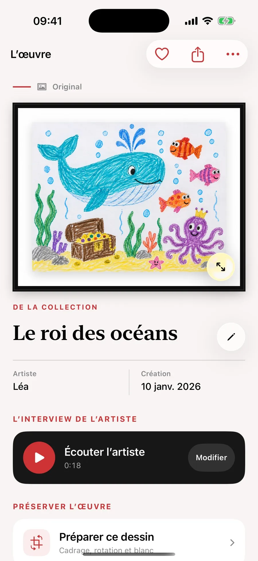 La fiche d'œuvre de Minot pour Le roi des océans, avec l'artiste, la date de création et un enregistrement de dix-huit secondes intitulé l'interview de l'artiste