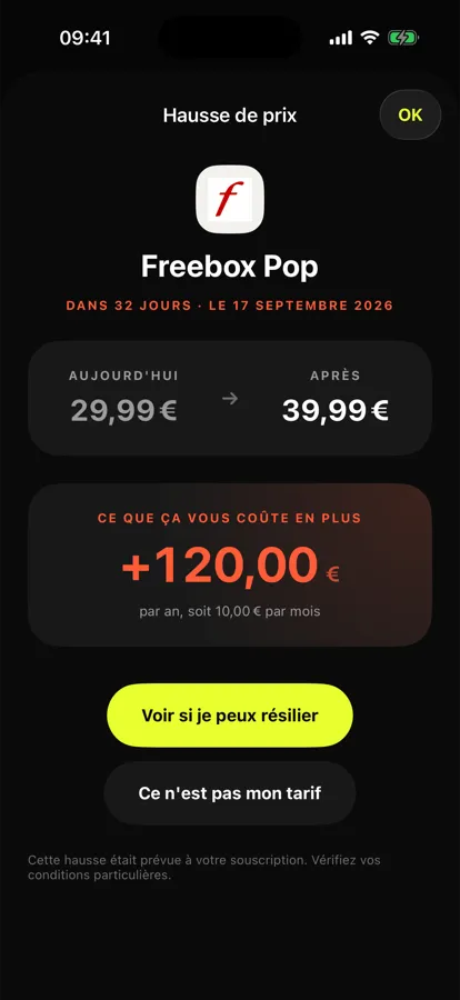 Alerte de hausse de prix Freebox Pop passant de 29,99 à 39,99 euros, soit 120 euros de plus sur l'année