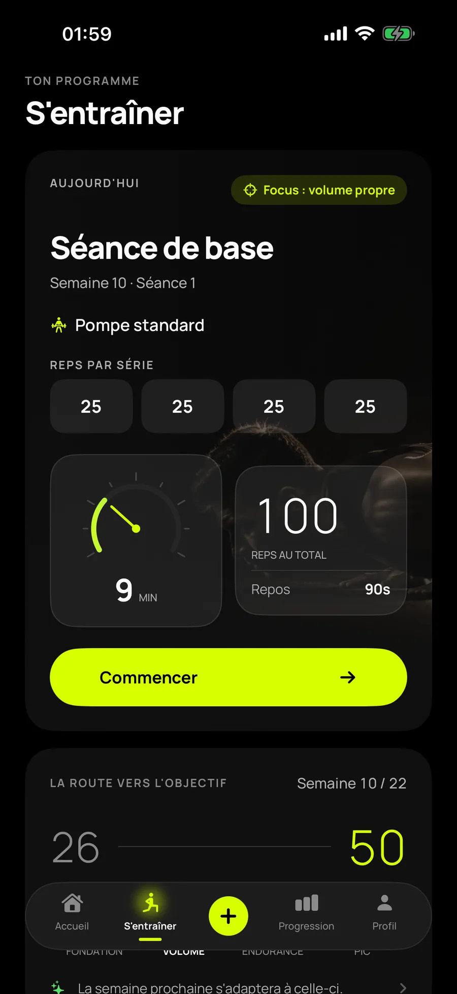Programme de Reptor en semaine 10 sur 22, quatre séries de 25 répétitions, neuf minutes, 90 secondes de repos et la route de 26 vers 50