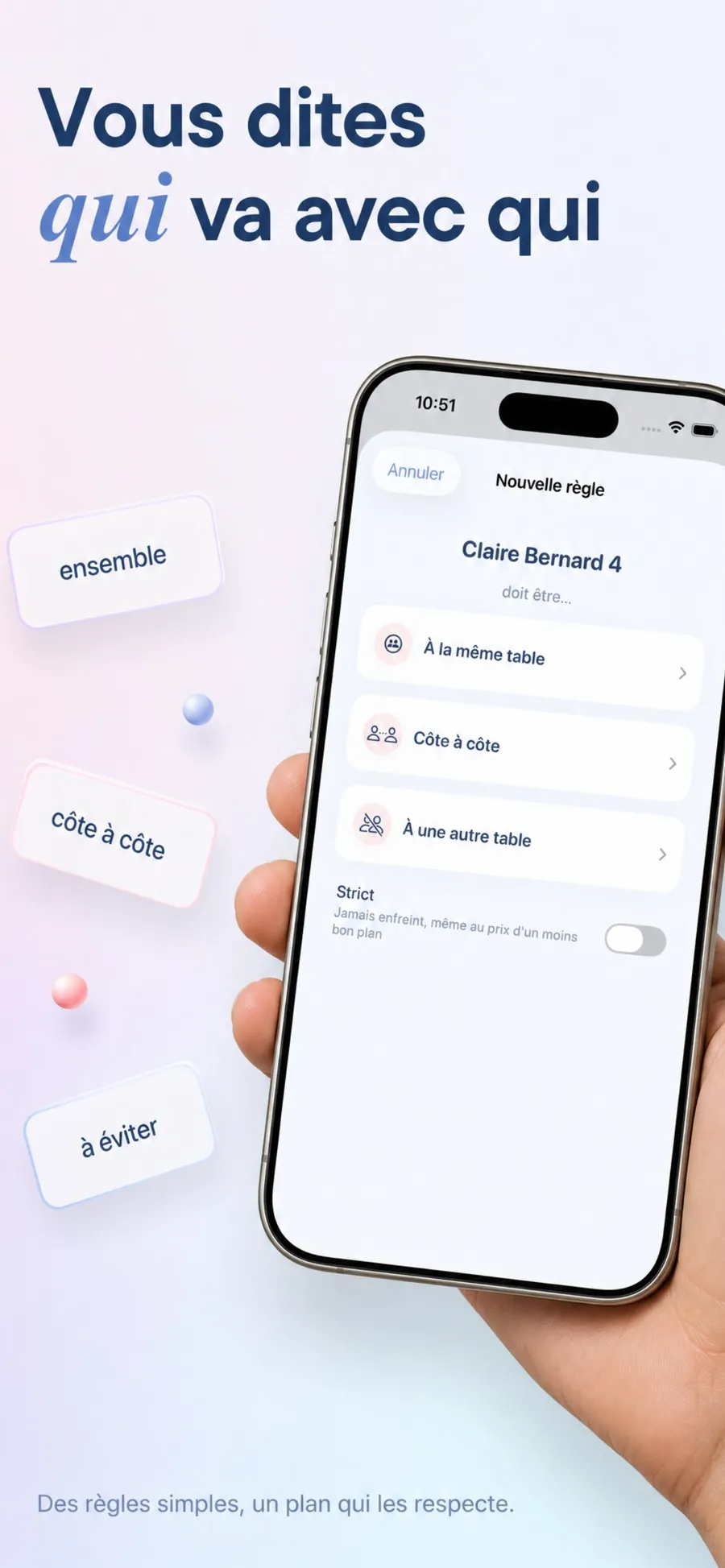 Création d'une règle dans Tablee, avec les trois choix à la même table, côte à côte ou à une autre table, et l'option stricte