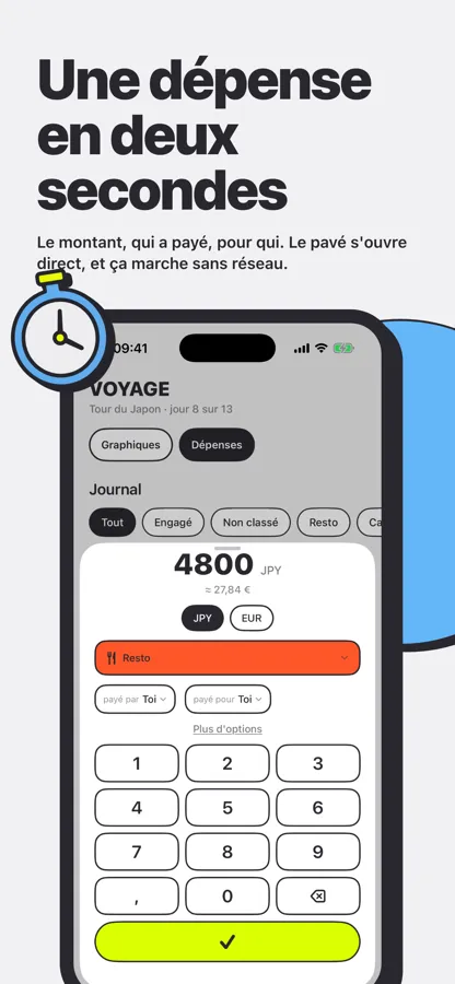 Feuille de saisie d'une dépense de 4800 yens avec le pavé numérique ouvert