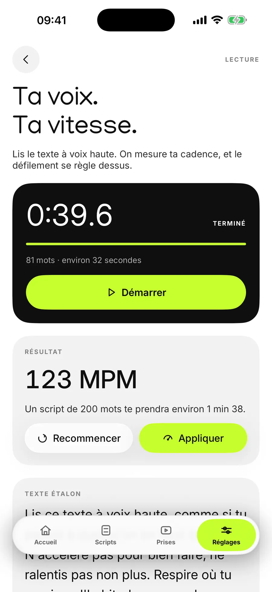 Test de vitesse de Cue mesurant un débit de 123 mots par minute après lecture d'un texte étalon de 81 mots