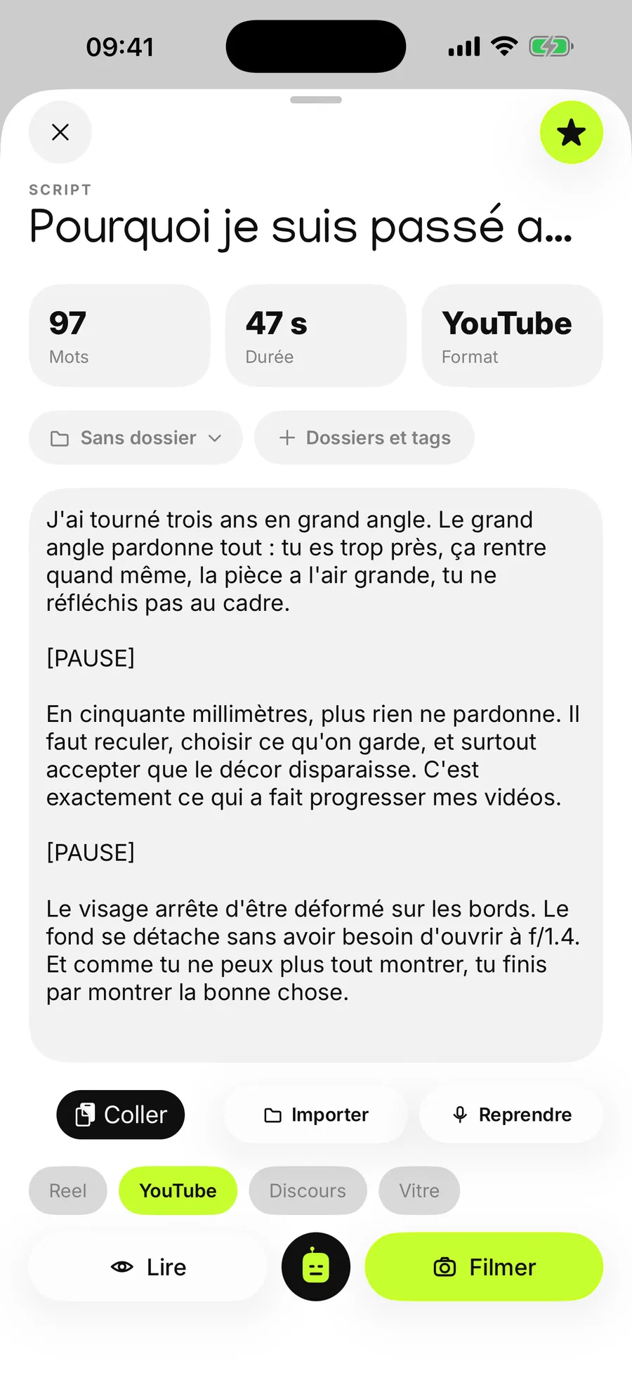Éditeur de script de Cue affichant 97 mots, 47 secondes, le format YouTube sélectionné parmi Reel, YouTube, discours et vitre